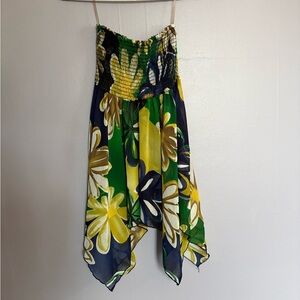 Monaco Tube Top Flutter Fairy Floral‎ Blue Green Yellow Handkerchief Hem Summer